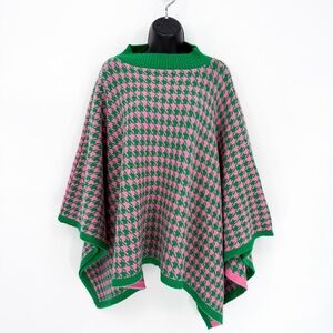 NWT Boutique Houndstooth Knit Mock Neck Poncho Cape Pink Green | One Size